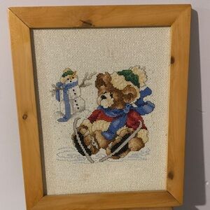 Framed Teddy Bear and Snowman Cross Stitch